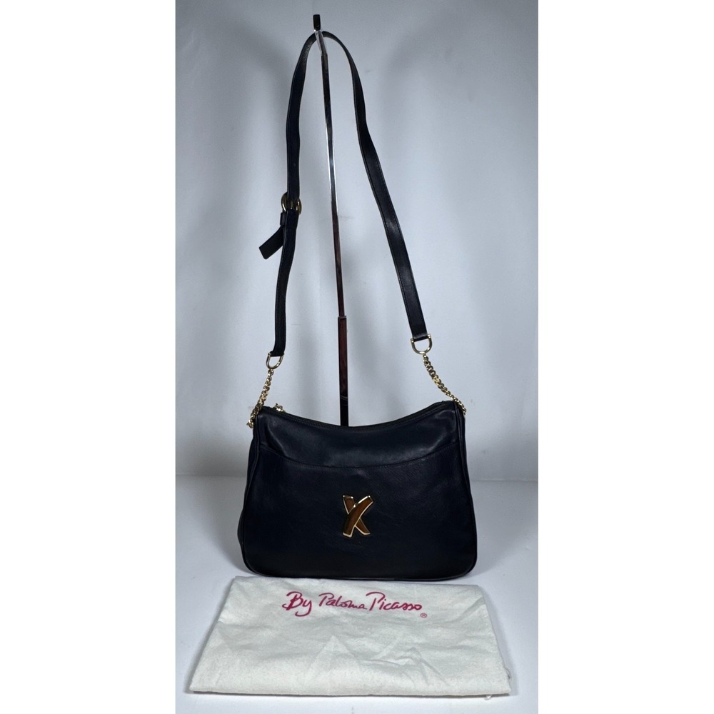 Paloma Picasso Vintage Black Leather Shoulder Bag Crossbody Gold X Logo Italy
